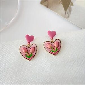 925 Sterling Silver Pink Heart-shaped Tulip Dangle Earrings